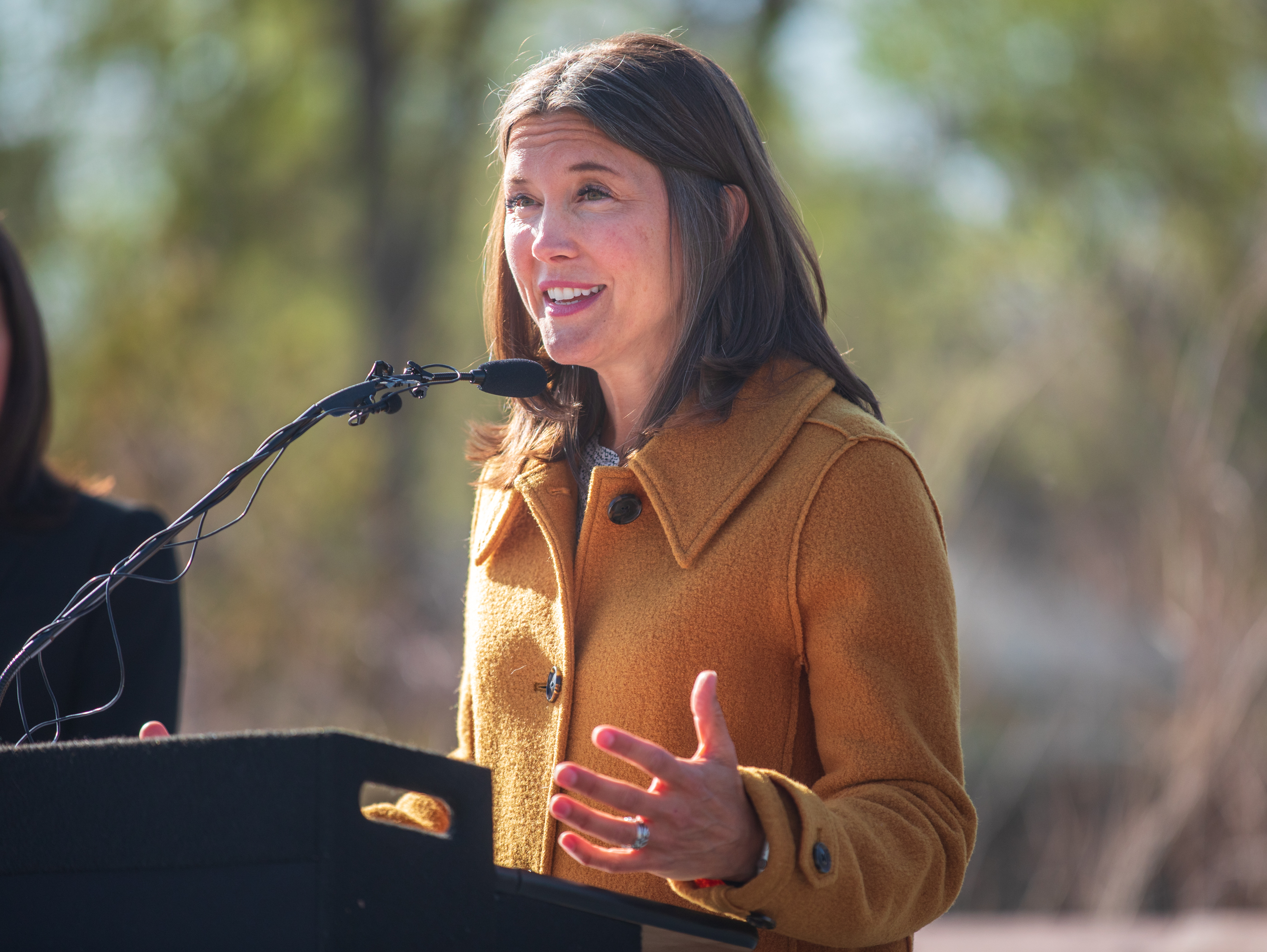 Salt Lake City Mayor Erin Mendenhall speaks about sustainable projects during a press conference at the 900 South Constructed Wetland in Salt Lake City Wednesday. She asked resident to find ways to reduce five gallons of water daily. 