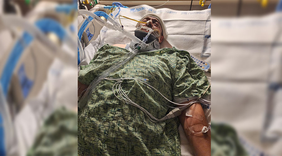 Casey Price is shown in the hospital after his one-ton truck fell on him in Osgood, Idaho, on April 24. He was released 19 days later.